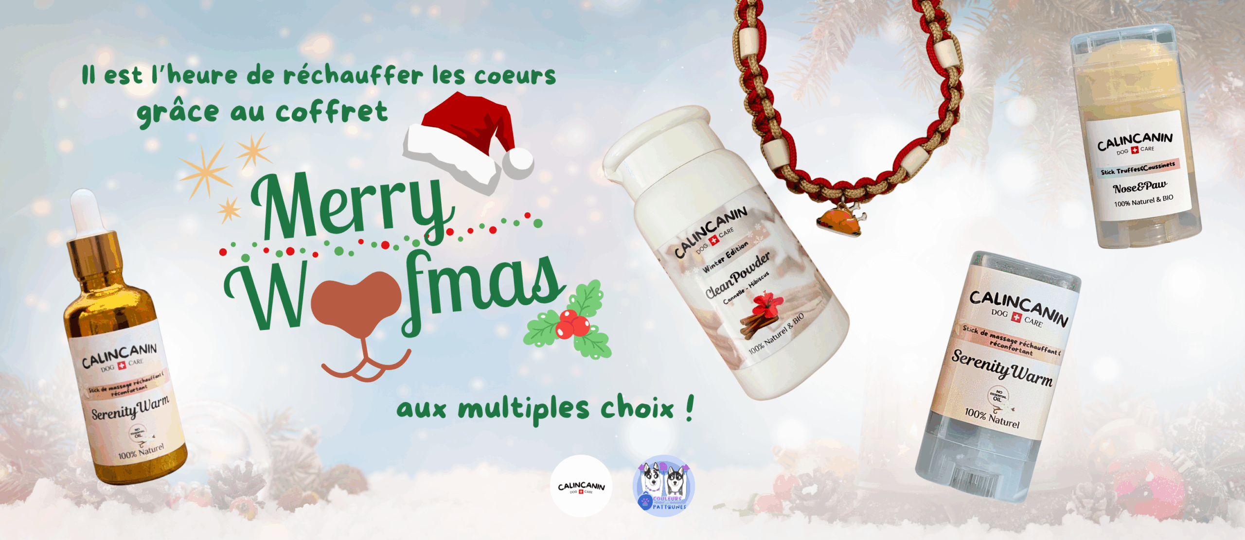 bannière promotion pour la box merry woofmas en collaboration avec la boutique de colliers anti parasitaires O Couleurs des Pattounes avec de multiples choix de produits comme un baume pour les coussinets, une huile de massage réconfortante, un shampoing sec de noël et tout pour chouchouter son compagnon